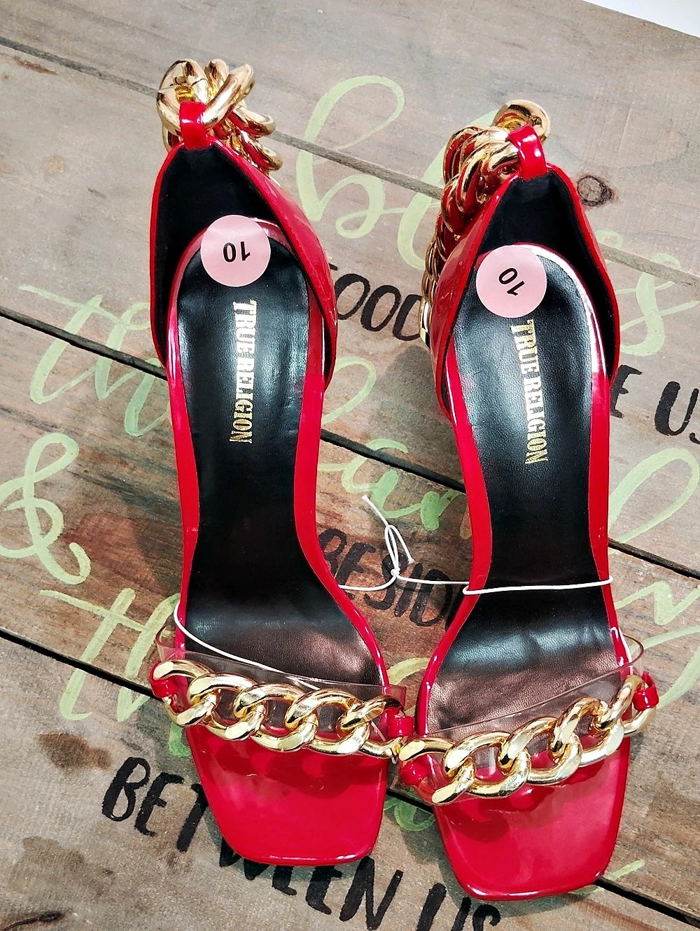 True Religion Chain Detail Patent Heels Red & Gold US 10